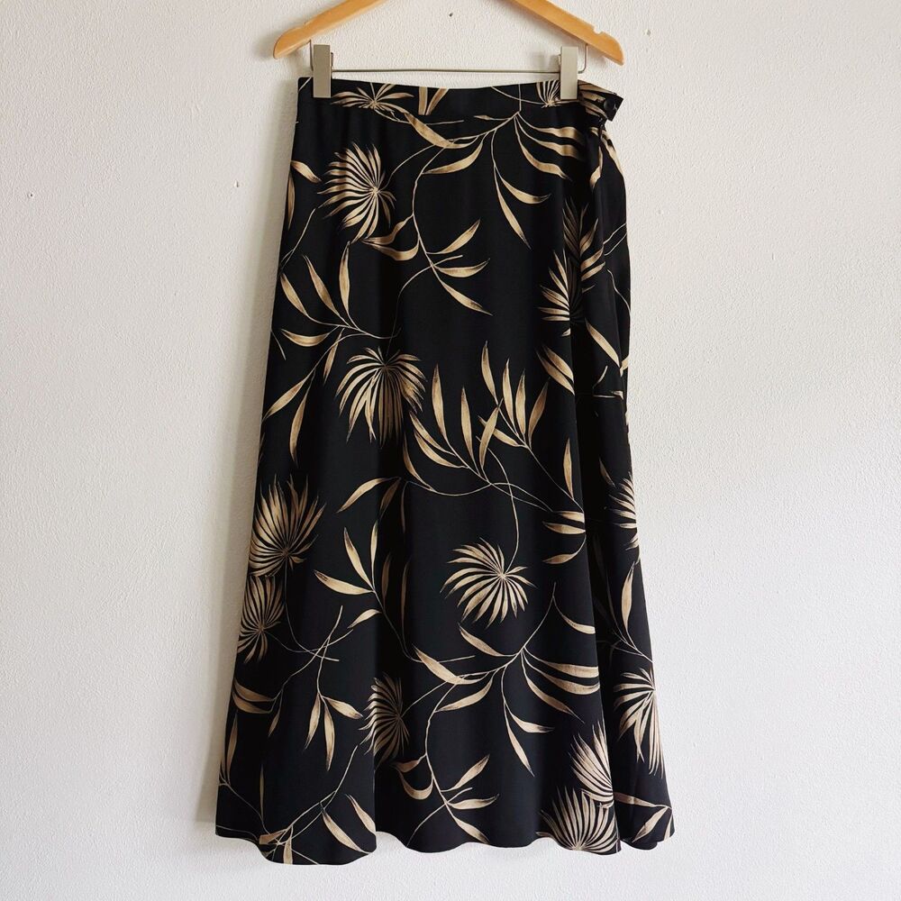 90s vintage palm pattern black silk maxi skirt